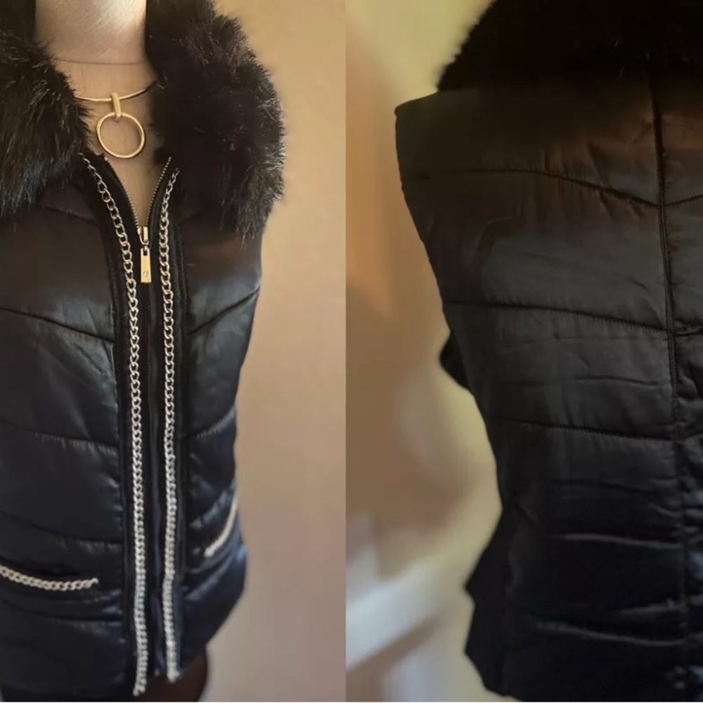 Black Fur-Trimmed Women's Puffer Vest